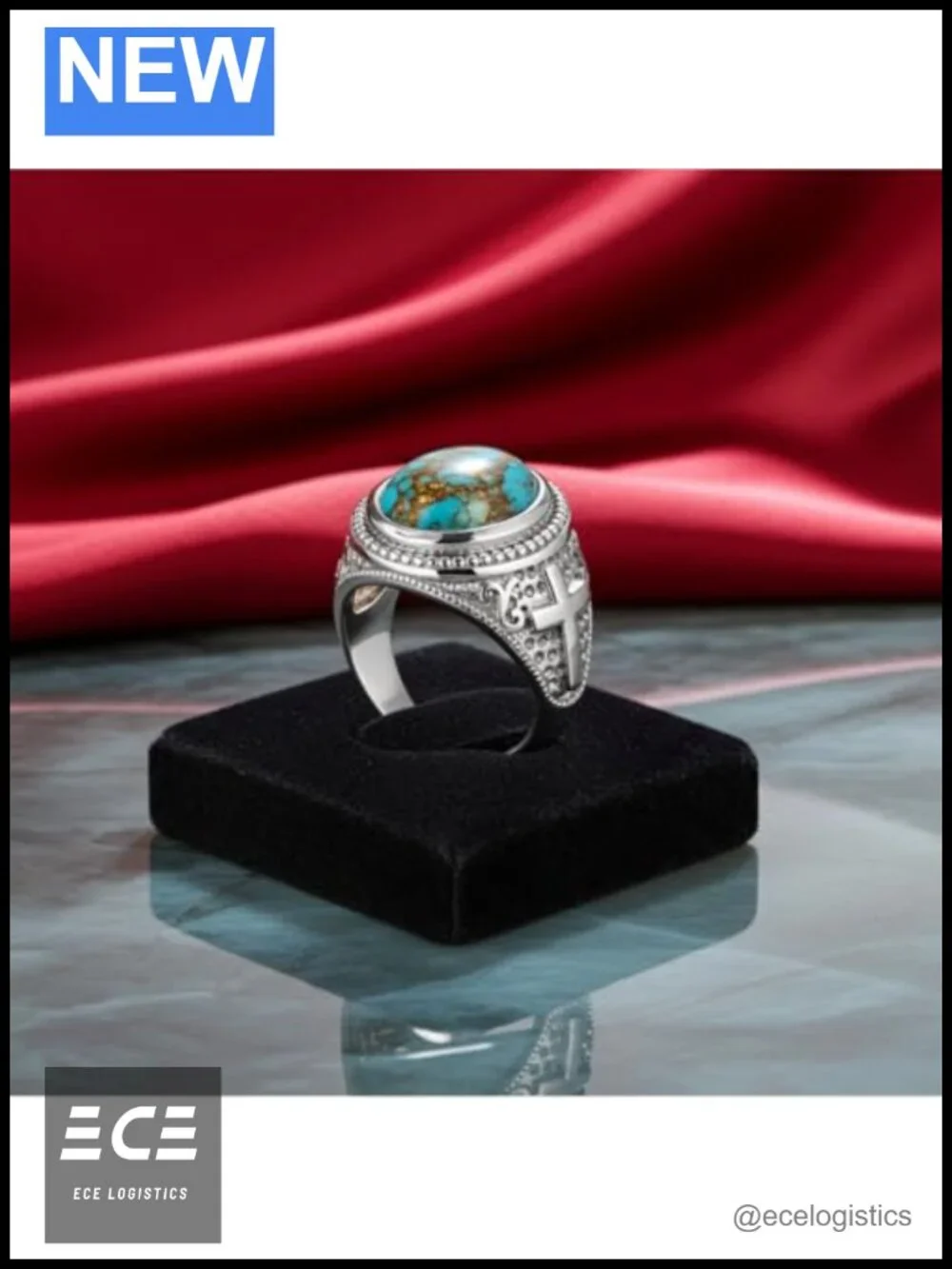 Sterling Silver Christian Cross Ring Oval Blue Gemstone Statement Unisex
